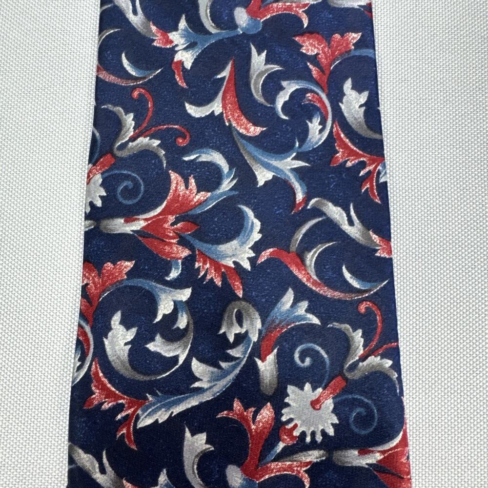 Vintage Christian Dior Monsieur 100% Silk Floral Scroll Necktie Blue Red USA